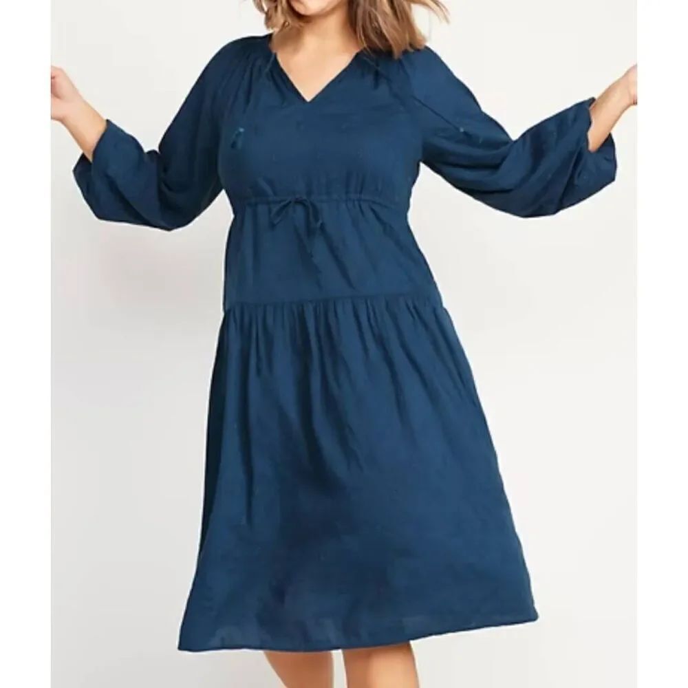 Old Navy Dress Women's Medium Midi Teal Embroidered Floral Long Sleeve Boho